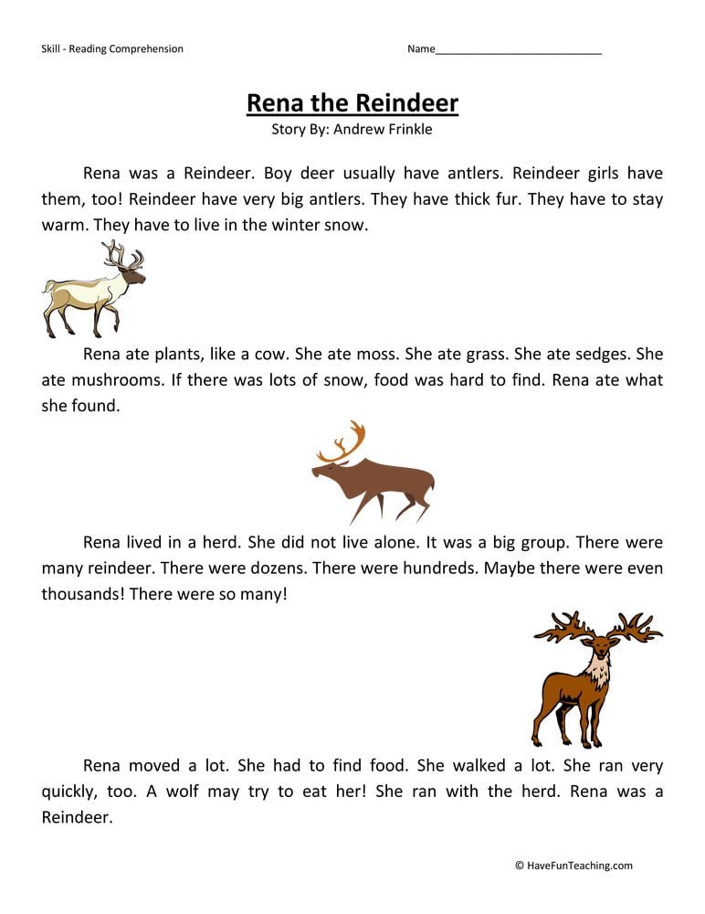 Rena The Reindeer Reading Comprehension Worksheet