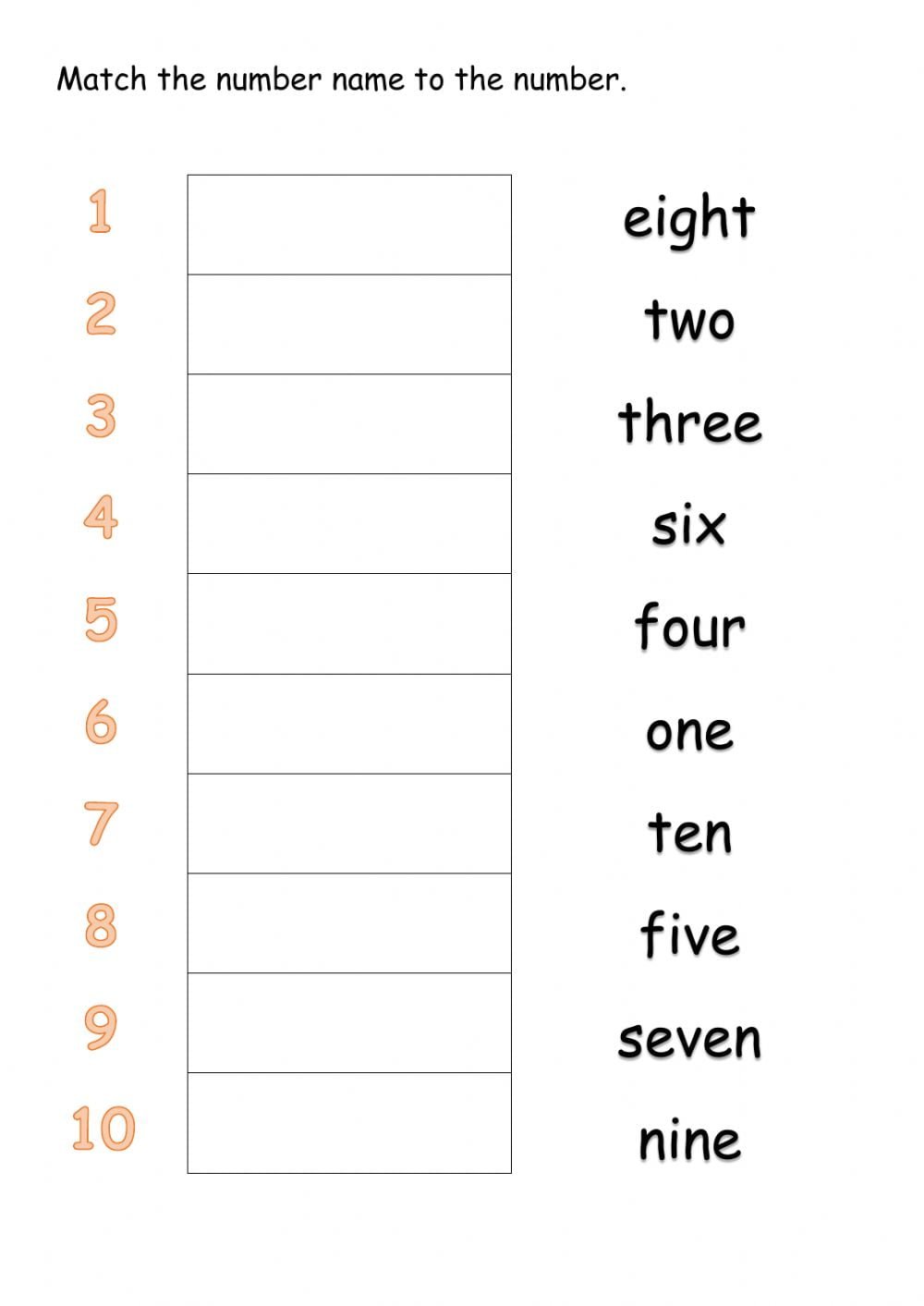 Matching Number Name To Numbers (1-10) Worksheet