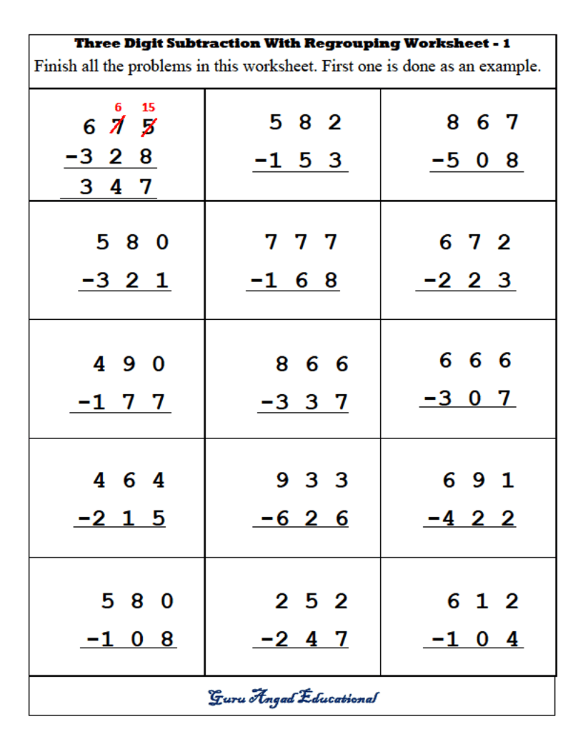 3rd Grade Math Worksheets Subtraction With Regrouping
