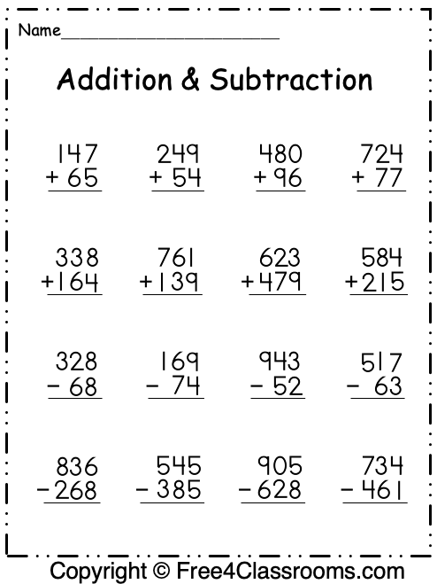 Free Addition and Subtraction Worksheets – 3 Digit – With ...