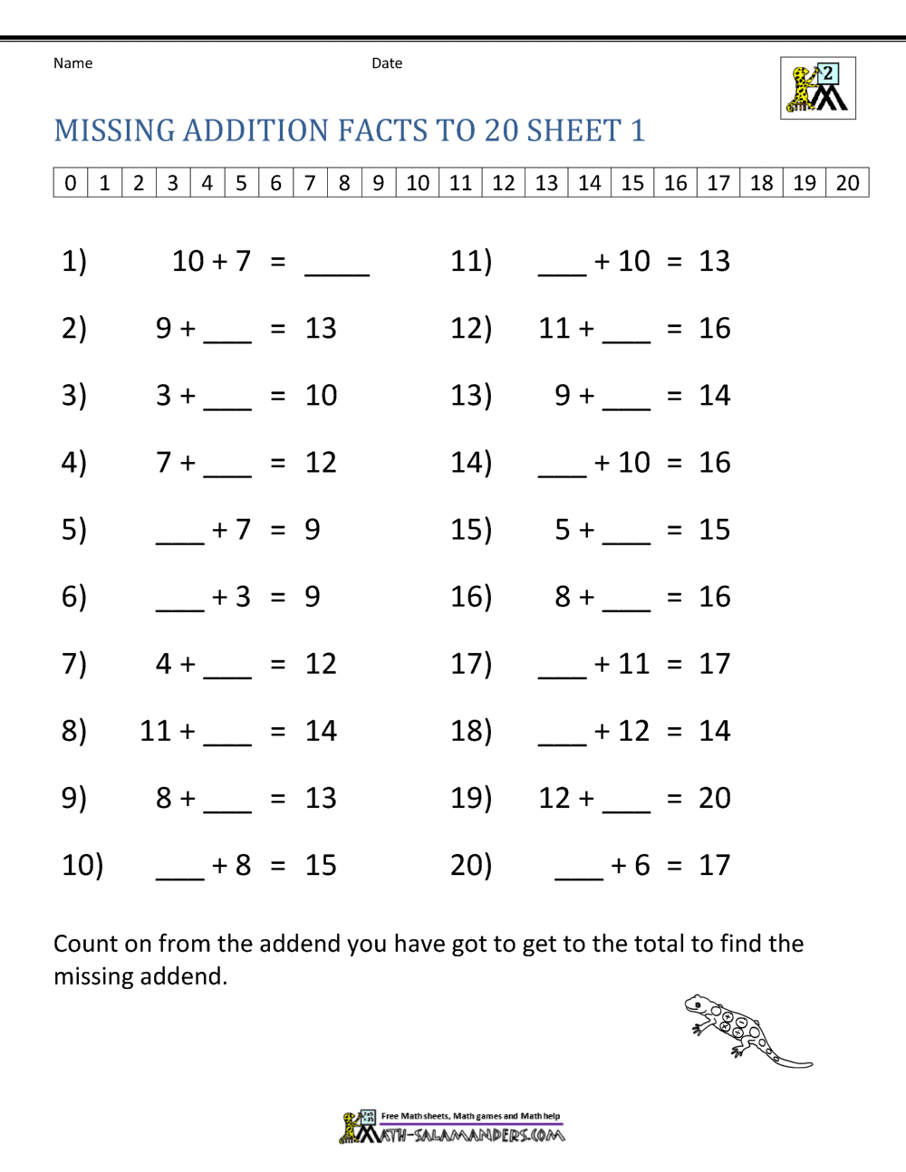 Addition Facts To  Worksheets