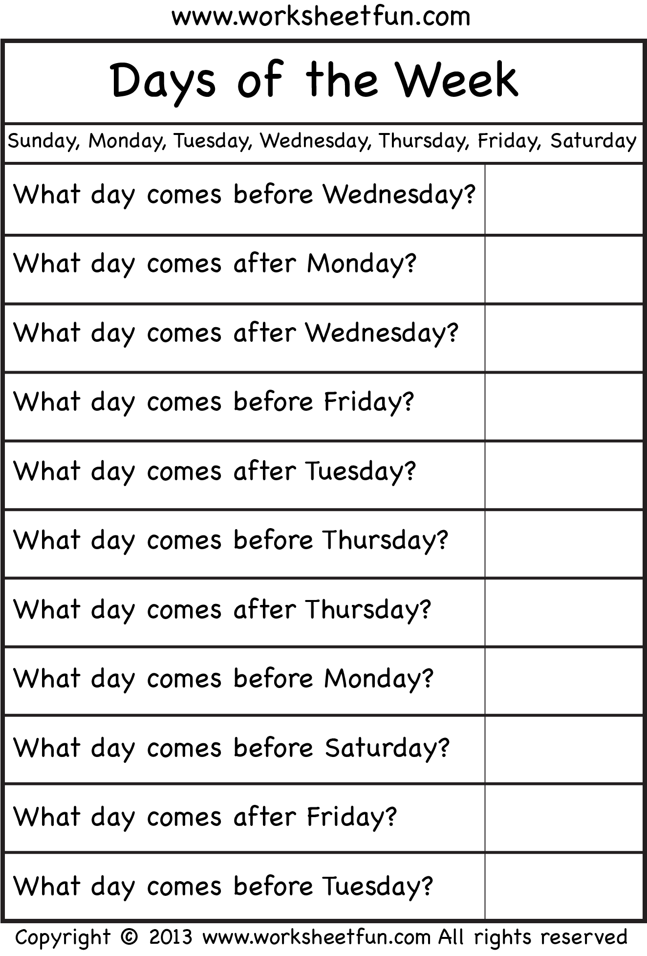Days Of The Week – Worksheet / FREE Printable Worksheets