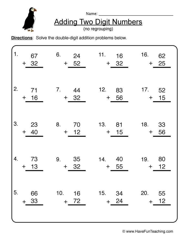 Two Digit Addition No Regrouping Worksheet | Have Fun Teaching