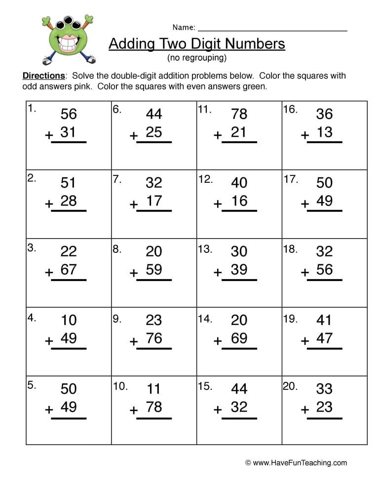 Double Digit Adding No Regrouping Worksheet • Have Fun ...