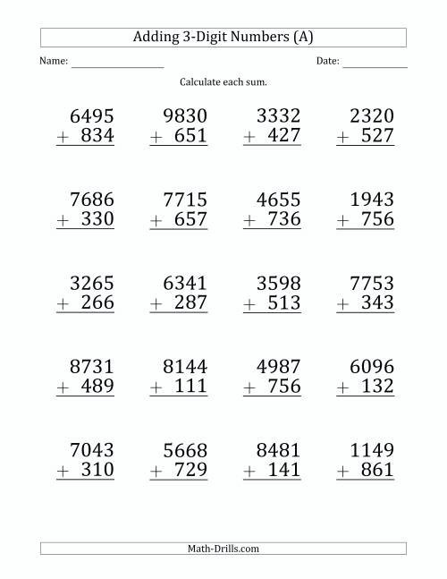 Large Print 4-Digit Plus 3-Digit Addition With SOME