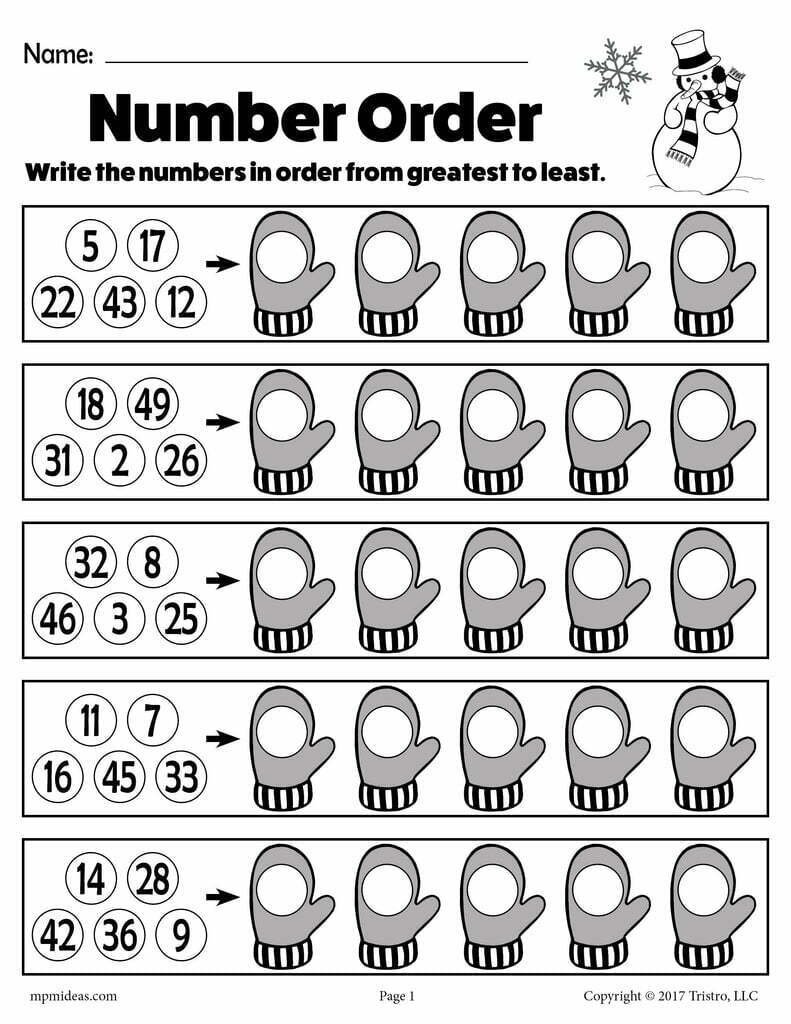 FREE Printable Winter Themed Number Order Worksheets