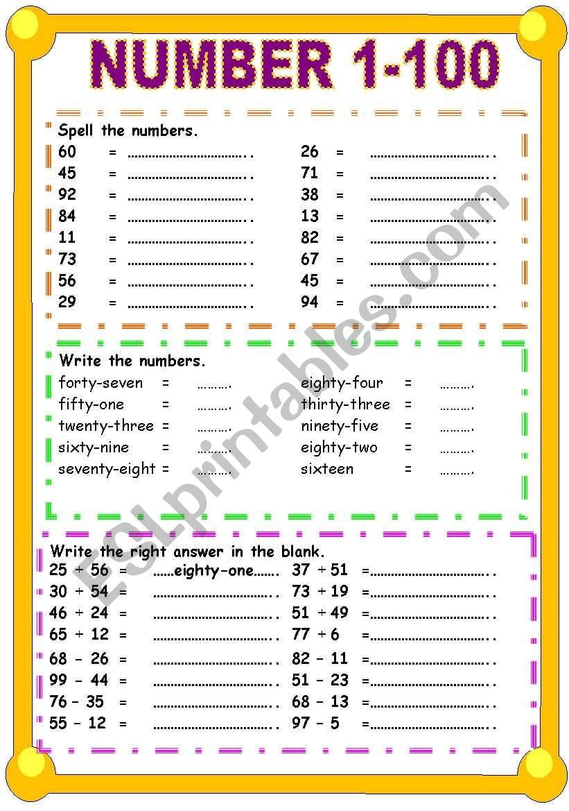 Spelling Numbers Worksheets 1-100