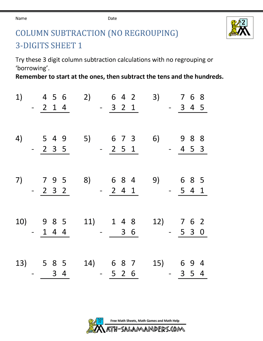 Subtraction Without Regrouping Worksheets For Grade 4 ...