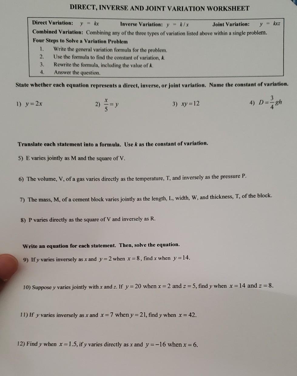 Solved Direct  Inverse And Joint Variation Worksheet Direct