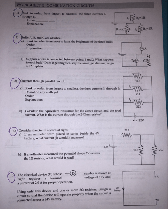 Solved Worksheet B Combination Circuits  Rank In Order