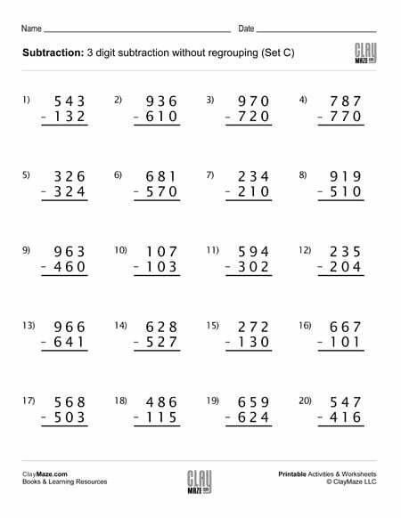 Subtraction Worksheet – 3 Digit Subtraction Without ...
