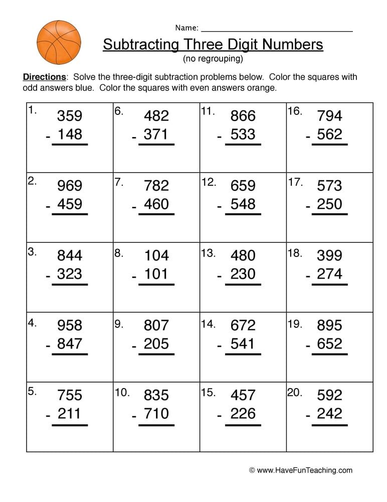 Triple Digit Subtraction No Regrouping Worksheet | Have ...