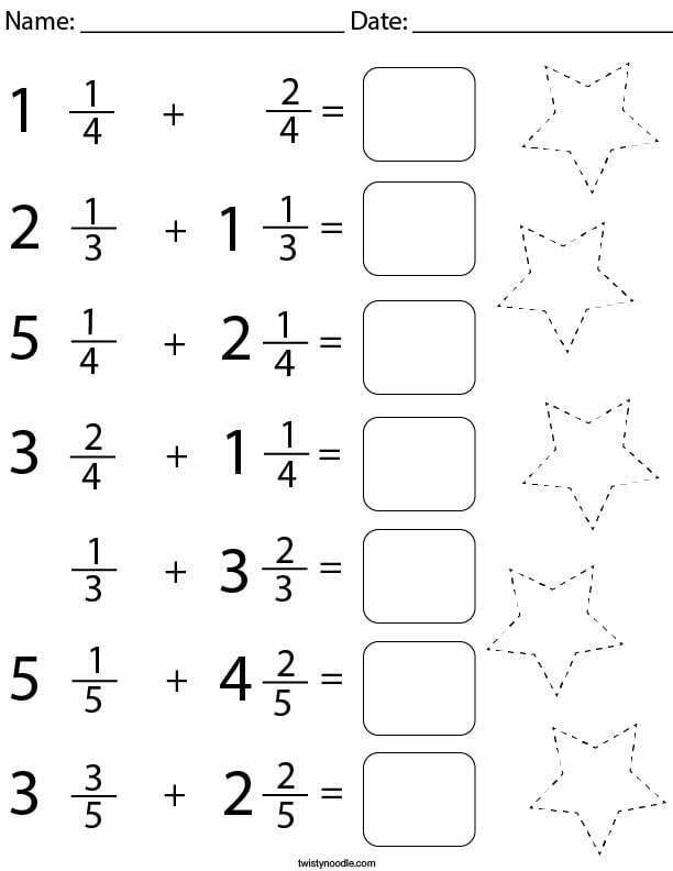 Adding Mixed Fractions Math Worksheet