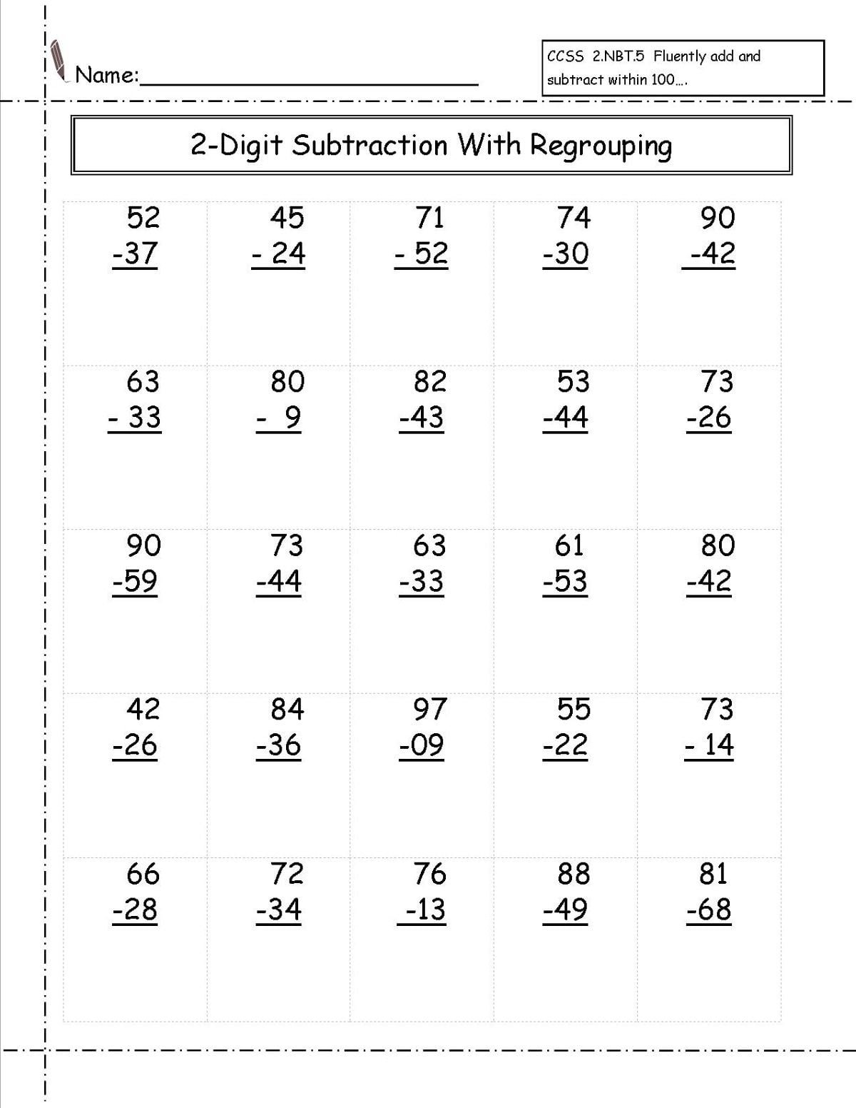 Digit Subtraction With Regrouping Worksheets Nd Grade