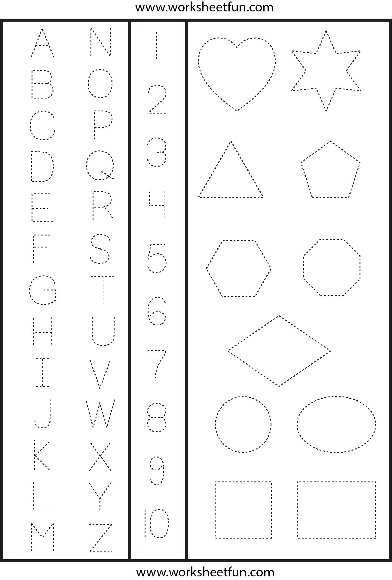 Letters, Numbers And Shapes Tracing Worksheet