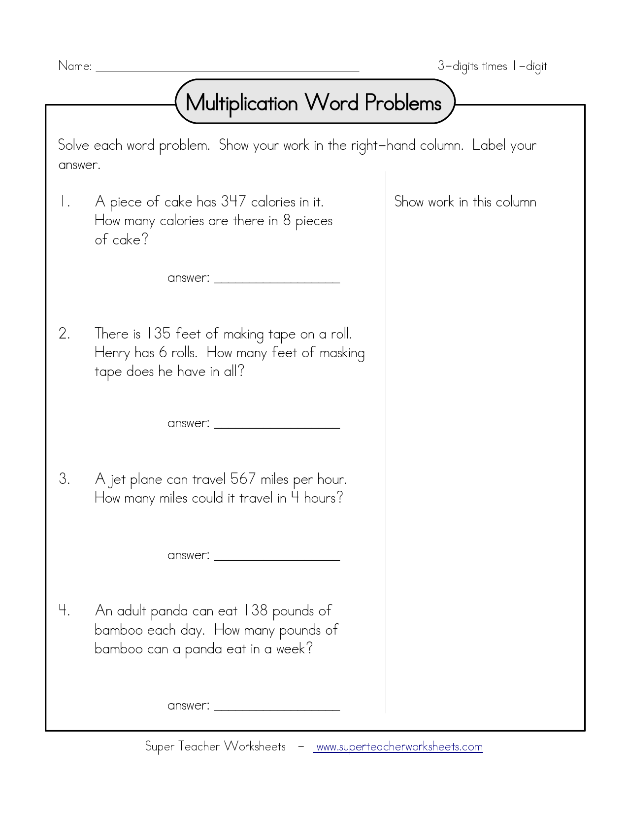 Digit Multiplication Word Problems Worksheets