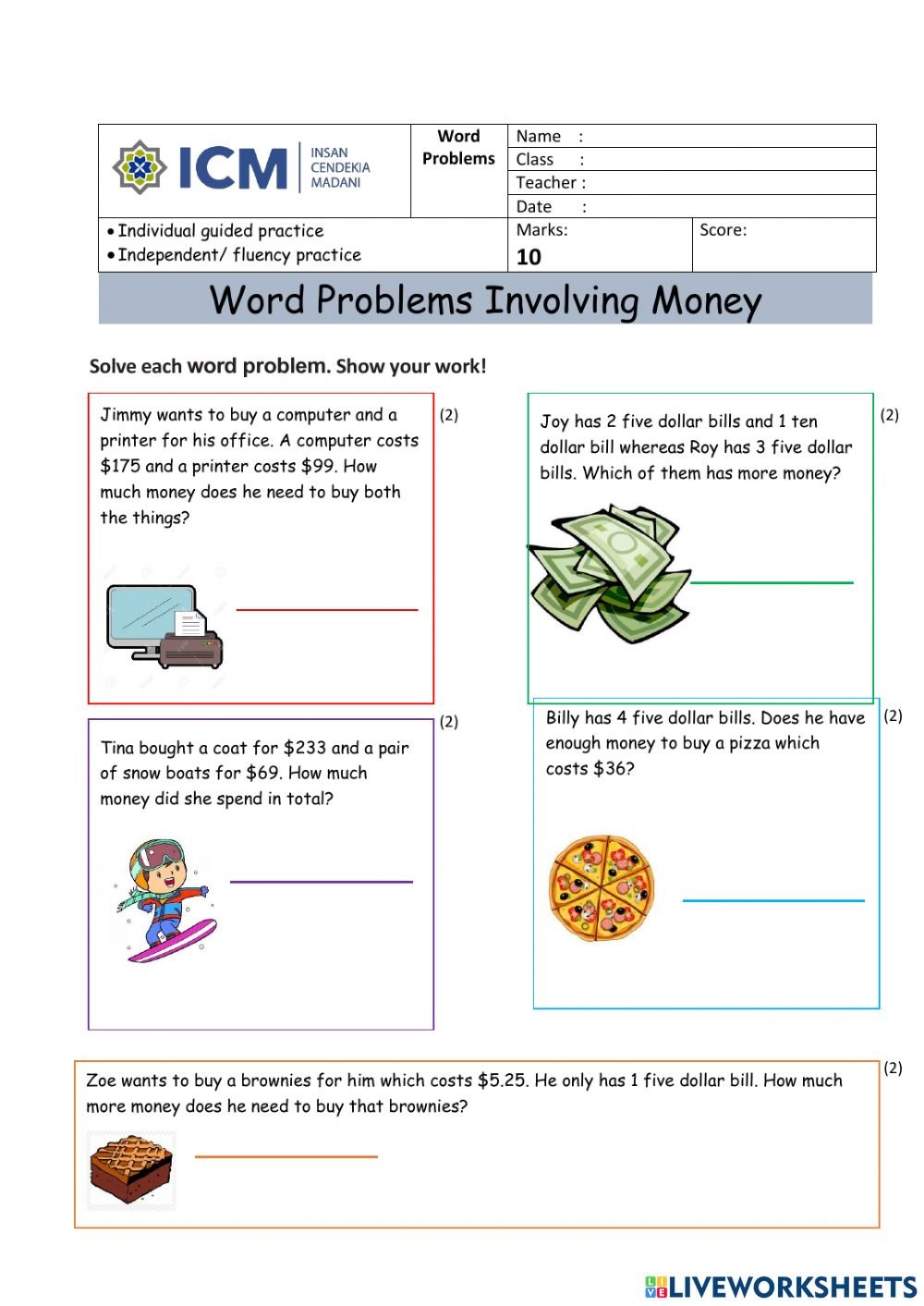 Solving Money Word Problems Worksheets WorksheetsCity