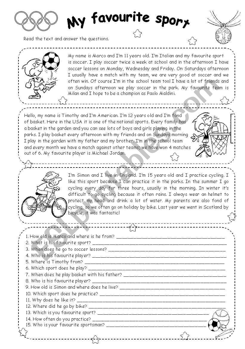 Favorite Sports Reading Comprehension Worksheets WorksheetsCity