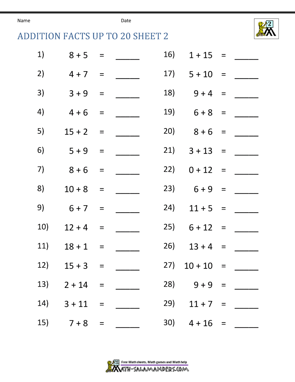 Addition Facts To 20 Worksheets Worksheetscity