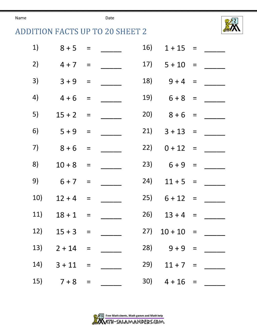 Addition Facts To 20 Worksheets WorksheetsCity