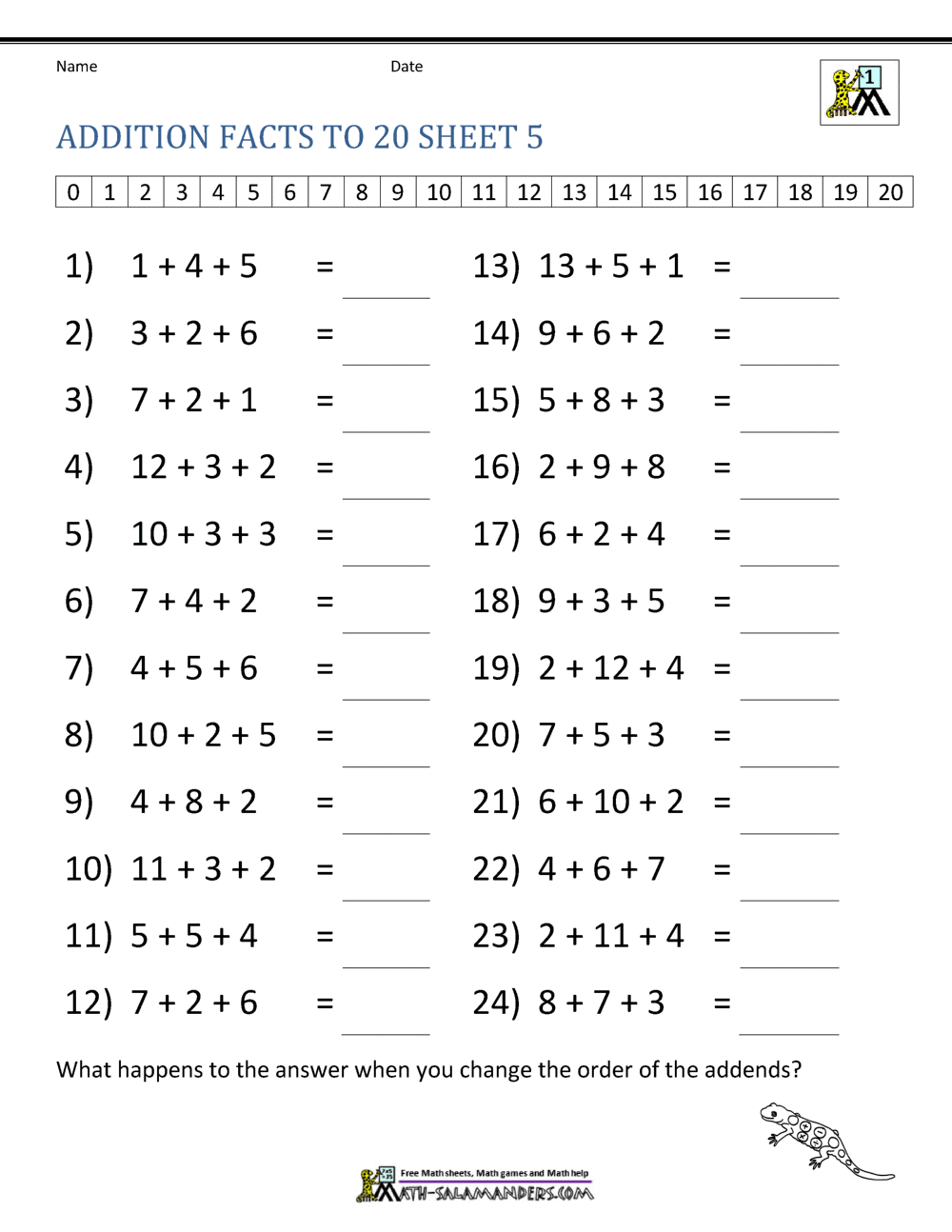 Addition And Subtraction Facts To 20 Worksheet Free